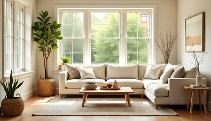 Fototapeta premium A cozy living room with a beige sofa, wooden furniture, and natural decor elements like woven baskets and vases. The room is filled with warm, natural light from the large windows
