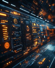 Futuristic digital control panel with glowing icons, showcasing cuttingedge technology in an industrial environment, sleek design