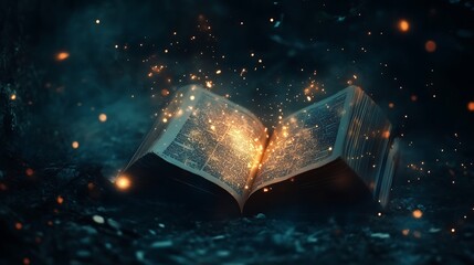 Fototapeta premium A magical book featuring open pages and abstract lights that shine in the dark a literary and fairytale concept