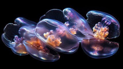 Obraz premium Four translucent jellyfish with faint purple and orange hues drift against a black background.
