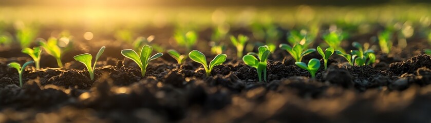New green sprouts emerging from fertile soil, symbolizing growth and fresh starts, serene nature scene with gentle sunlight