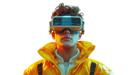 Futuristic Portrait of a Young Man Wearing High-Tech VR Goggles in a Bright Yellow Jacket for Technology and Gaming Themes