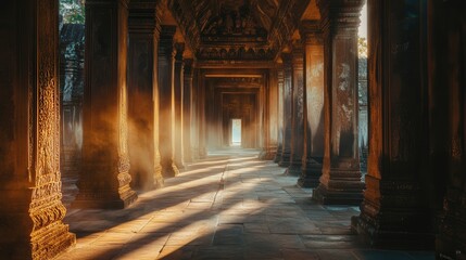 Fototapeta premium a peaceful temple corridor stretches out, the soft light enhancing the intricate carvings and creating shadows along the floor