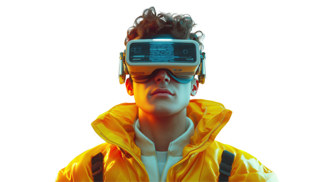 Futuristic Portrait of a Young Man Wearing High-Tech VR Goggles in a Bright Yellow Jacket for Technology and Gaming Themes