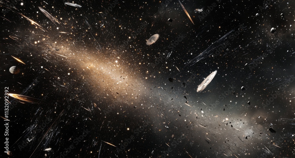 Wall mural cosmic dust and debris field in outer space with a galaxy in the background.