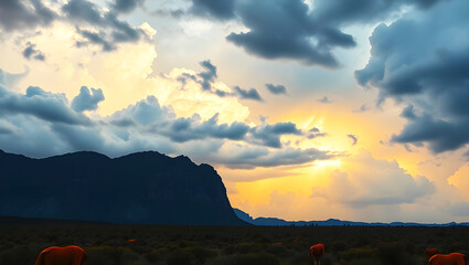 A dramatic sky with dark clouds looms over a distant mountain range at sunset. Patches of orange light break through, casting a warm glow on the landscape.