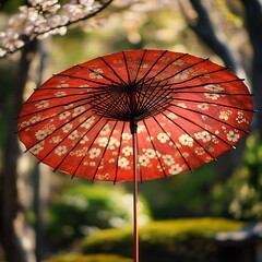 Red Japanese Parasol with Floral Design in Garden
