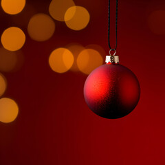 Fototapeta premium Shiny red christmas ball hanging on a black string against a red background with golden bokeh lights creating a warm and festive atmosphere