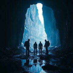 Fototapeta premium Silhouetted Explorers at a Caves Entrance