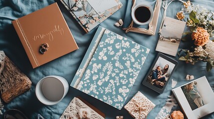 A flat lay image featuring a variety of personalized items such as a custom mug, a photo album with a unique cover, and a handmade bracelet with a name engraved on it 