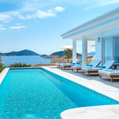 Fototapeta premium Terrace in villa with swimming pool clear blue water with stunning sea view and sky