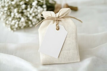 Wedding Favor Linen Bag and Tag Mockup with Rectangle Template