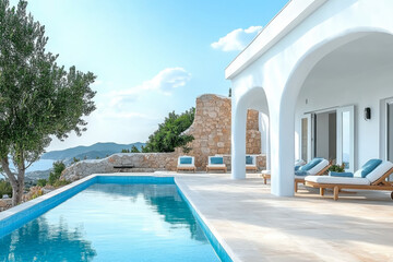 Fototapeta premium Terrace in villa with sunbeds and swimming pool with clear blue water