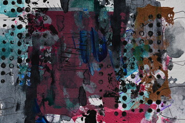 Fototapeta premium Abstract creative art collage, chaotic strokes, blots, spots and lines of paint on paper, modern print pattern background