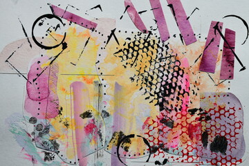 Fototapeta premium Abstract creative art collage, chaotic strokes, blots, spots and lines of paint on paper, modern print pattern background
