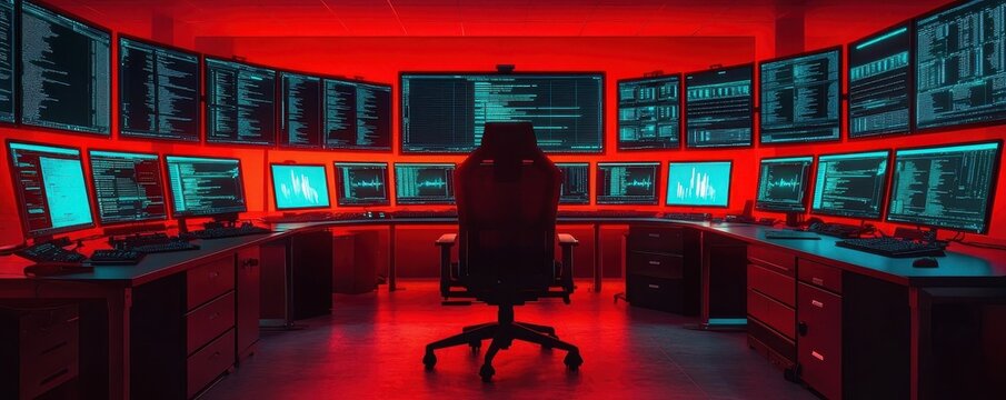 Cyber attack control room global tech hub digital security dark network environment monitored threats concept - botnet and phishing awareness