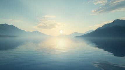 Obraz premium In the stillness of the evening, the sky above the lake fades from golden to deep blue, casting long shadows across the water.