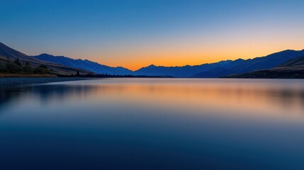 Obraz premium In the stillness of the evening, the sky above the lake fades from golden to deep blue, casting long shadows across the water.