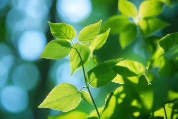 Obraz premium Bright green leaves illuminated by soft sunlight.