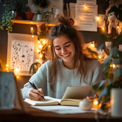 Young Woman Writing New Year&rsquo;s Resolutions in Cozy Setting, New Year Resolutions, New Year's day, New Year's Eve 