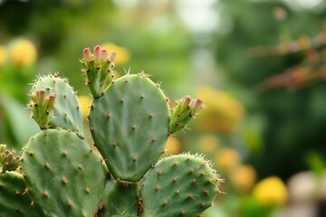 Close-up of a cactus with budding flowers and blurred background.