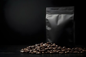 Black Paper Coffee Bag Packaging Mockup with Spilled Beans
