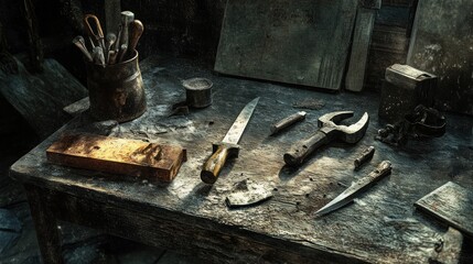 Old Tools Scattered on a Dusty Workbench
