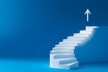 Obraz premium White arrow following the spiral staircase of growth on blue background, 3D arrow climbing up over spiral staircase, 3d stairs with arrow going upward, 3d rendering