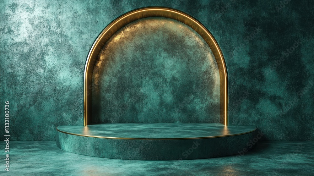 Aufkleber green minimalist display pedestal platform product presentation stage with soft lighting and golden 