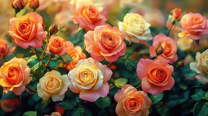 Fototapeta premium Blooming Roses in Vibrant Colors Orange Pink Cream Floral Background
