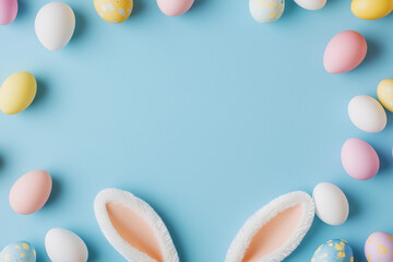 Fototapeta premium easter eggs border blue background 