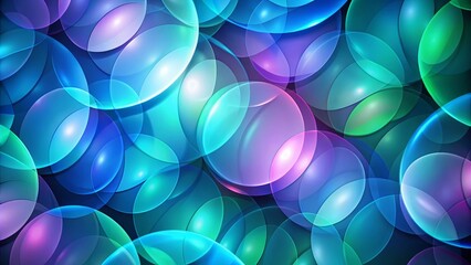 Abstract Pattern of Overlapping Transparent Spheres in Vibrant Hues of Blue, Green, and Purple