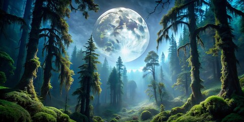 A surreal forest with a luminous celestial body hanging above, illuminating the mossy trees and ethereal mist