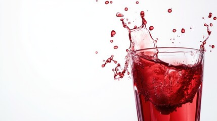 A glass of red liquid with a dynamic splash, likely caused by an object dropped into it, against a white background, suggesting motion and freshness.