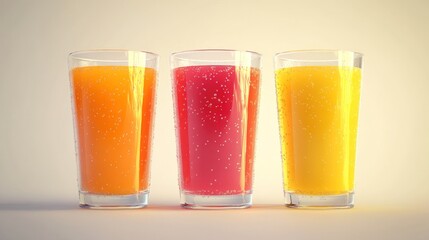 Three glasses filled with different kinds of juice?orange, cranberry, and possibly another citrus?displayed side by side against a neutral background.