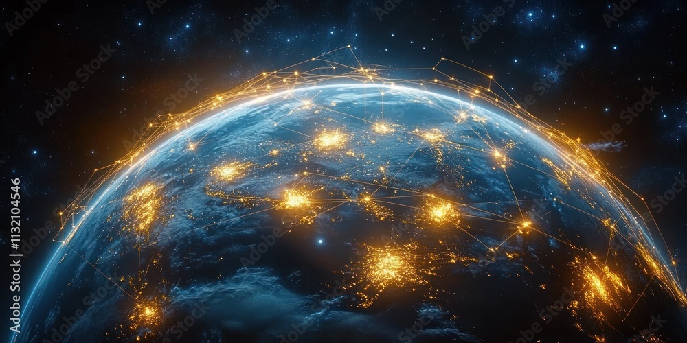 Poster global digital network connections on earth globe for finance trading and telecommunication in futur