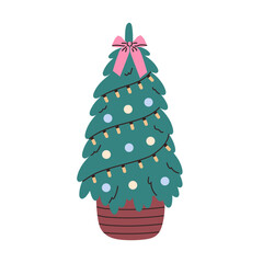 Decorated Christmas tree. Winter holidays. Xmas element