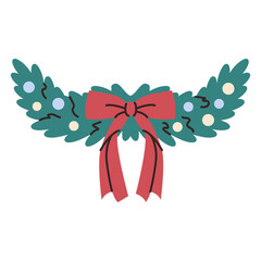 Christmas tree border. Fir branch with bow. Blue spruce. Xmas decor. Winter holiday.