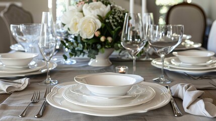 Elegant Formal Dining Table with White Dishware and Floral Centerpiece