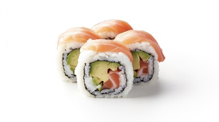 Salmon and Avocado Sushi Rolls on White Background