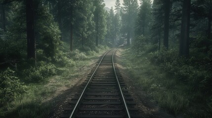 Obraz premium The railway tracks stretch out in front of you, flanked by dense trees and a carpet of forest floor