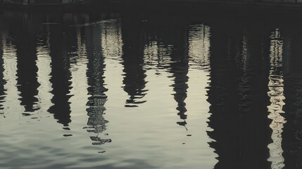 The river gently reflects the dark shadows of the city buildings, creating a peaceful and symmetrical scene.