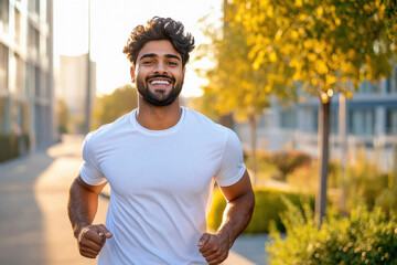young fit man running early morning - obrazy, fototapety, plakaty