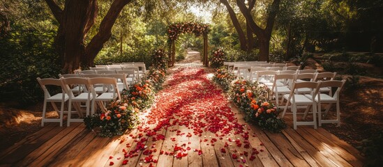 Outdoor wedding ceremony aisle decorated with red petals and flowers under trees.