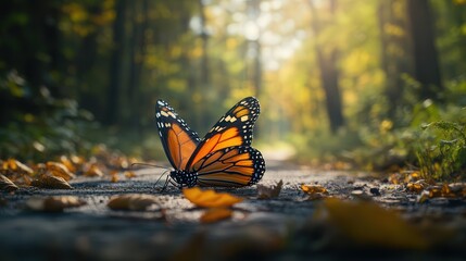 Obraz premium The road in the forest is quiet, except for the flutter of wings.