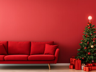 Obraz premium Holiday cheer cozy red living room with christmas tree and gifts festive atmosphere interior design warm inviting setting