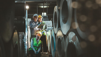 Engineer, Worker, Technician 2 people teaching engineers using laptops to discuss work, Industry, Black man and woman wearing hard hats, checking machine quality.