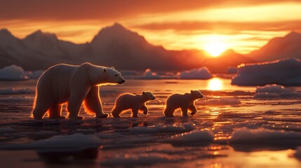 Bear and its cub walking with sunset at background