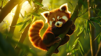 Red panda climbing a bamboo tree
