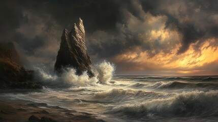 Under a darkening sky, waves rise and crash, pounding against an isolated rock in the sea.